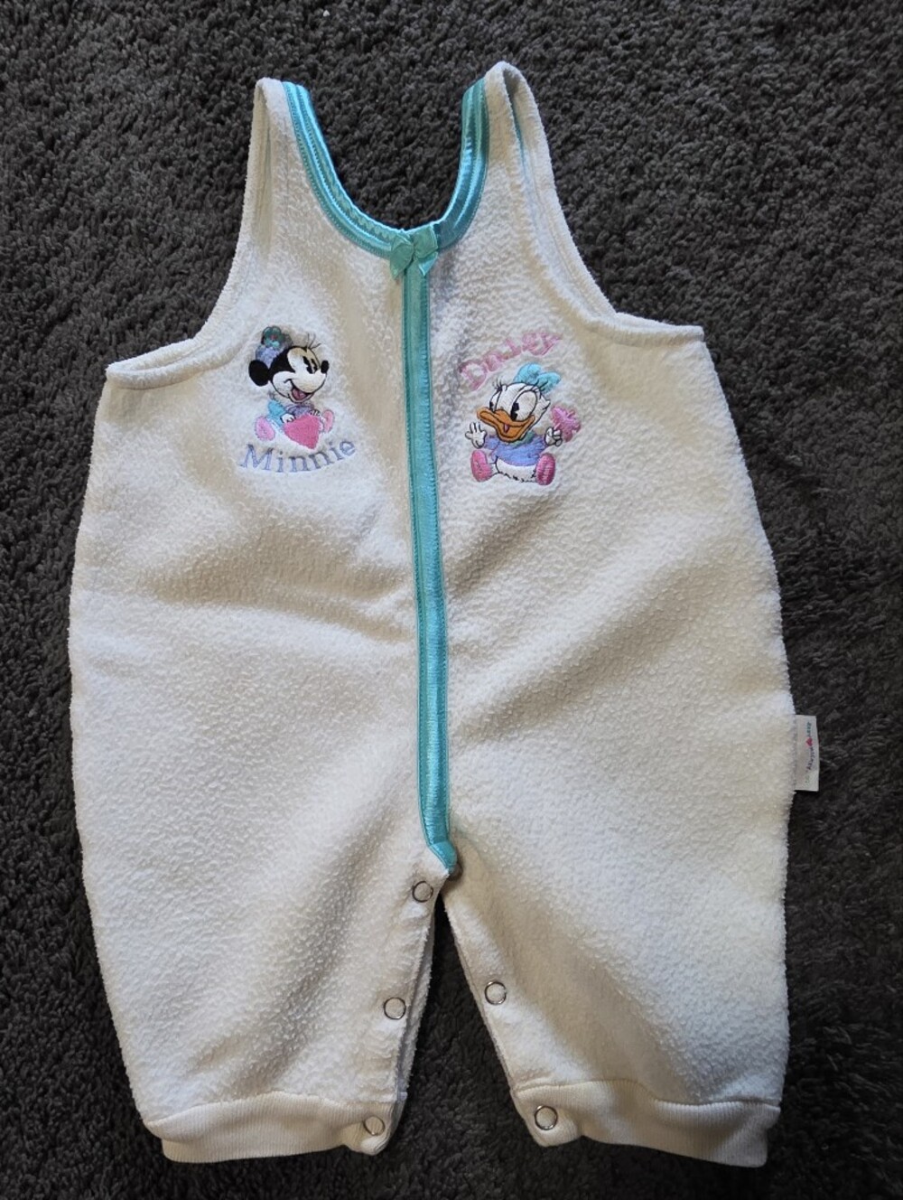 White and Teal Baby One-Piece Romper with Minnie & Daisy Embroidery